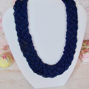Vintage Navy Blue, Hand Strung, Braided Seed Bead Statement Adjustable Necklace